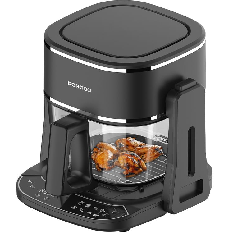 Porodo Lifestyle Dual Design Air Fryer & Grill, Advanced Cooking Technology, Glass Container, UK 3-Pin Power Plug - Black 
