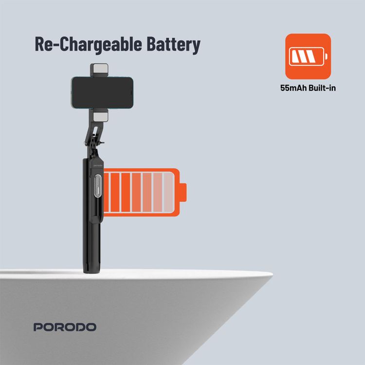 عصا سيلفي بورودو 185 سم قابلة للتمديد مع مصابيح مزدوجة قابلة للفصل، حامل ثلاثي القوائم بأربعة أرجل وجهاز تحكم عن بعد - أسود