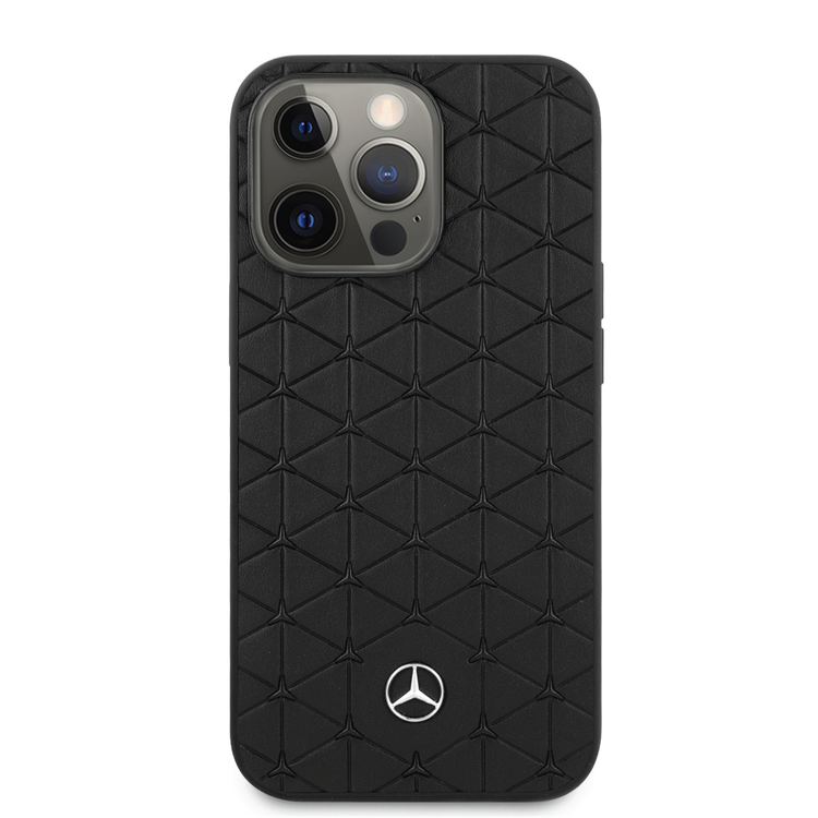 Mercedes-Benz Genuine Leather Hard Case with Quilted Mini Stars Pattern & Metal Star Logo iPhone 14 Pro Max Compatibility - Black