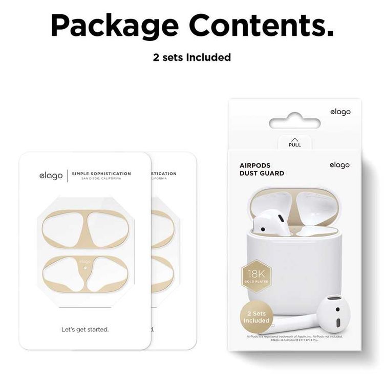 Elago Dust Guard Compatible with Apple Airpods 1 & 2 (2 Sets) Complete Protection, Easy and Clean Installation, 18k Gold Plating, Dust Guard Installed, Shockproof - Matte Gold