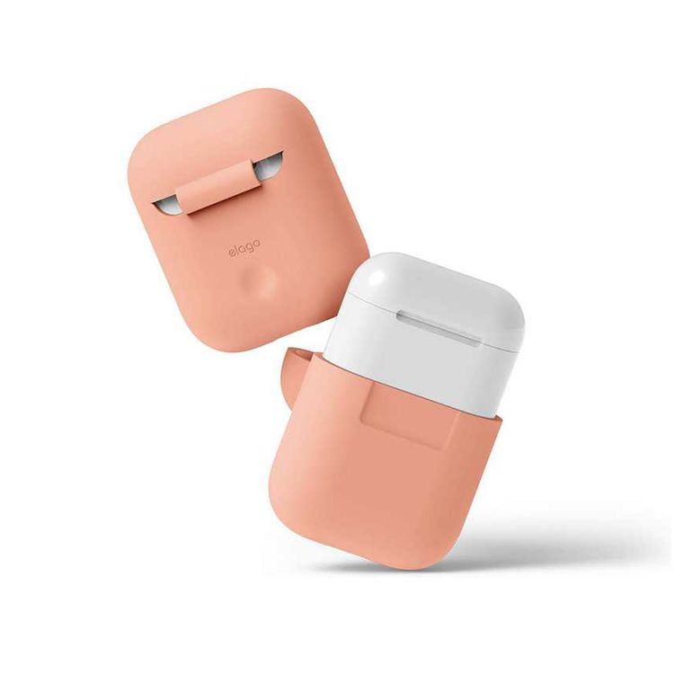 حافظة Elago Airpods من السيليكون متوافقة مع نوع Lightning، حماية إضافية، مرنة، مناسبة تمامًا، مقاومة للصدمات الخارجية، مقاومة للخدش، تصميم مفصل مصقول - خوخي