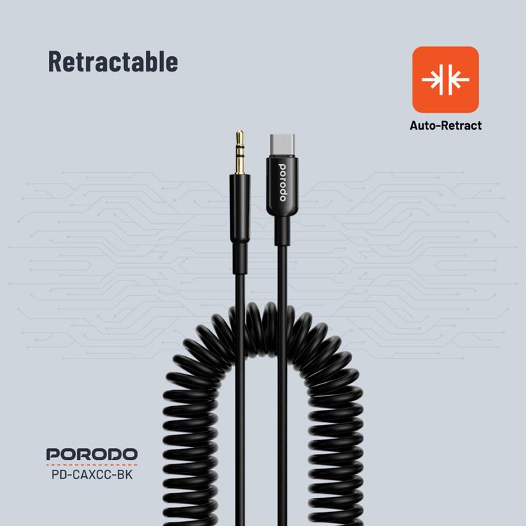 Porodo 3.5mm Type-C AUX Coiled Audio Cable Convenient Tangle-Free Design 1.2m/4ft, Type C to AUX, Universal Compatibility, Auto Retractable - Black