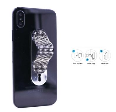 Gripon GP-SSC-BK Finger Phone Strap with x2 Mounting Clips mobile phone holder enhances your grip on your smart device - Black Diamond / Silver