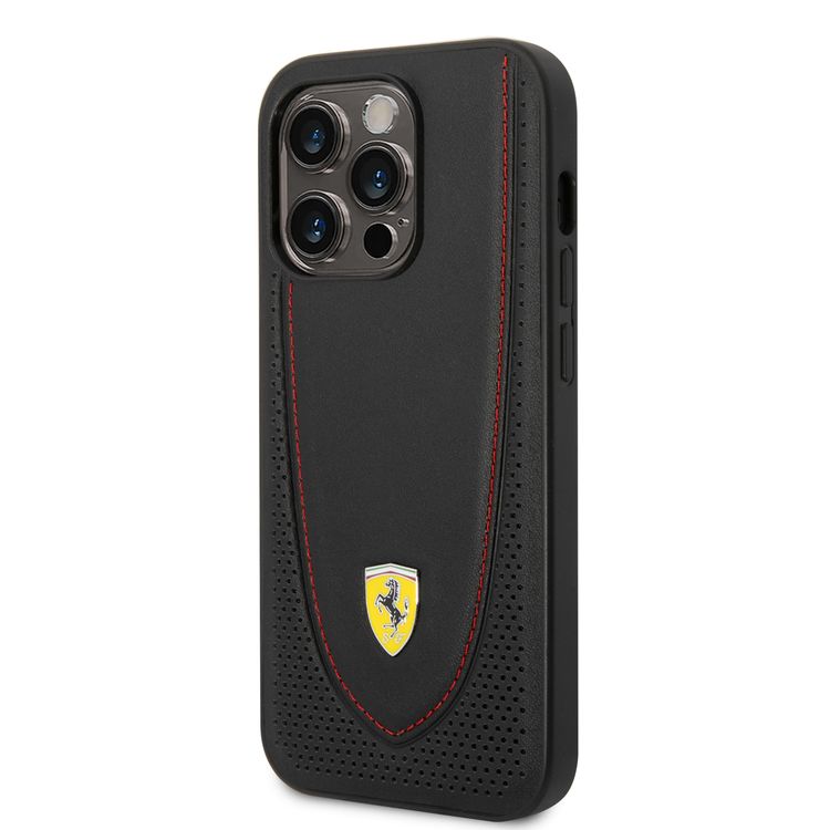 CG Ferrari Magsafe Compatibility Genuine Leather Hard Case with Curved Line Stitched iPhone 14 Pro Max Compatibility - Black