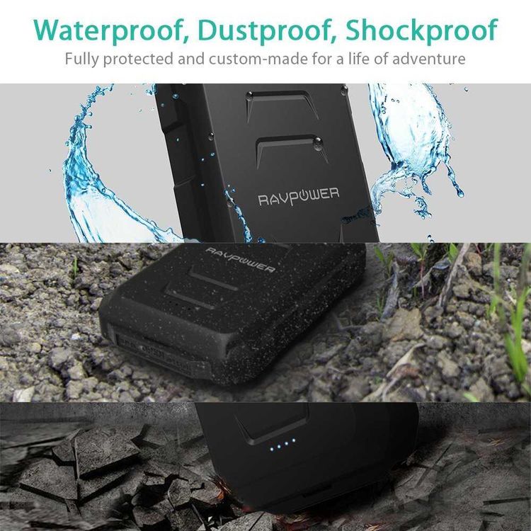 RAVPower Portable Power Bank 10050mAh Waterproof, Shockproof and Dustproof Portable Charger, 3.4A Dual Output, 2.4A and 1A, iSmart Fast Charging Technology, Overheating Protection