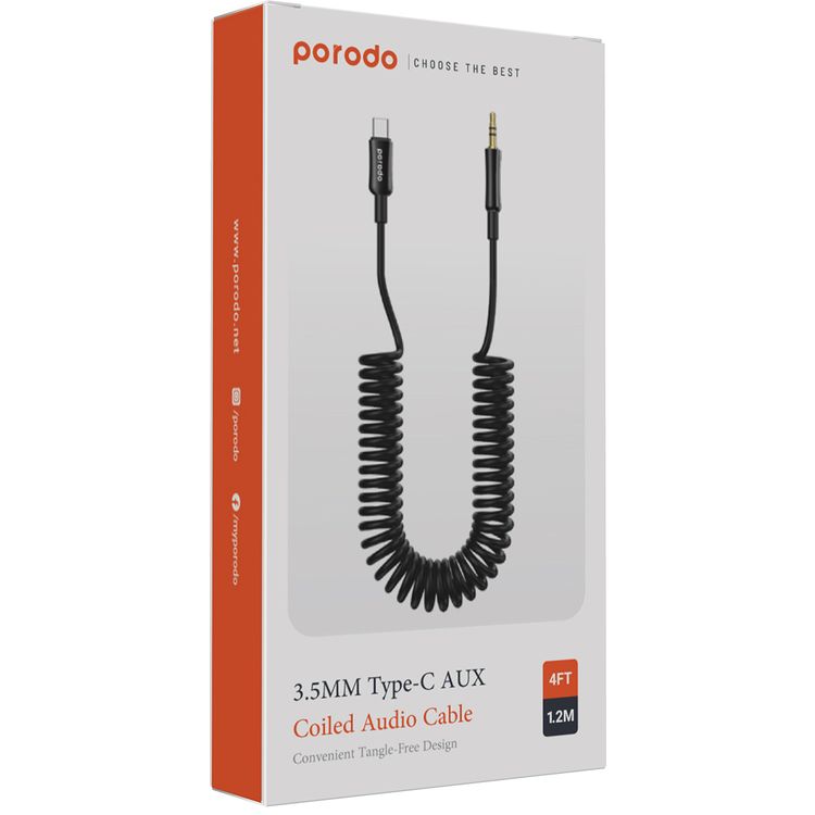 Porodo 3.5mm Type-C AUX Coiled Audio Cable Convenient Tangle-Free Design 1.2m/4ft, Type C to AUX, Universal Compatibility, Auto Retractable - Black