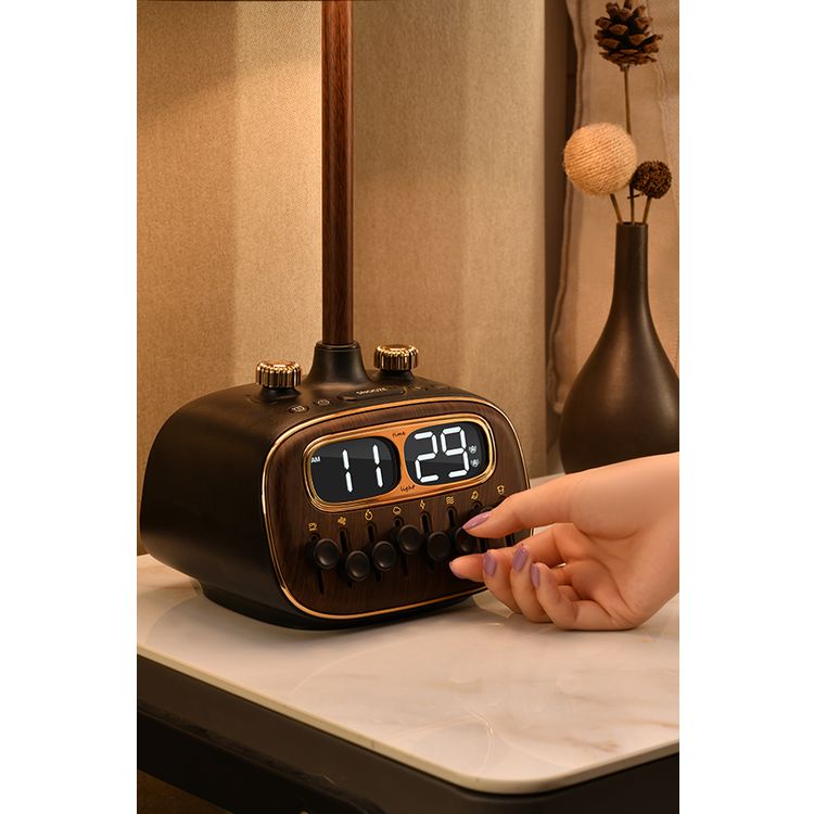 مصباح مكتبي ريترو من بورودو مع ضوضاء بيضاء ومكبر صوت بتقنية البلوتوث ووظيفة التنبيه والغفوة و3 مستويات سطوع (منخفضة ومتوسطة وعالية) وشحن لاسلكي مزدوج وشاشة رقمية عالية الدقة - أسود 