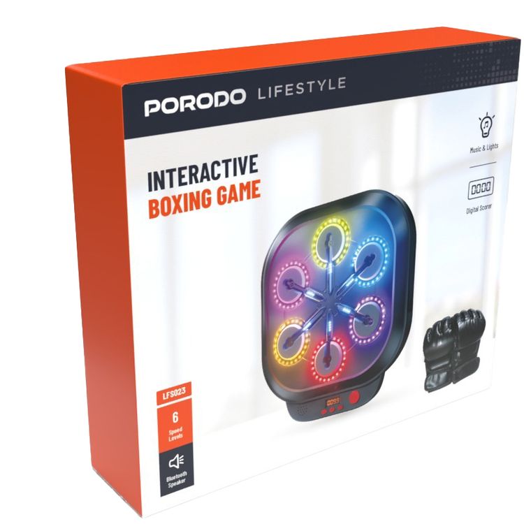 Porodo Lifestyle Interactive Boxing game, Digital Scorer, Gloves Included, Music Selection, Bluetooth Speaker, 6 Speed Level - Black