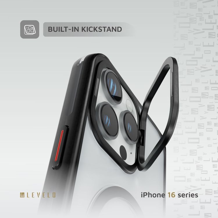 كفر حماية Levelo Elio PC مع حامل حلقي للكاميرا لهاتف iPhone 16 Pro، حامل مدمج، متوافق مع MagSafe - أسود 