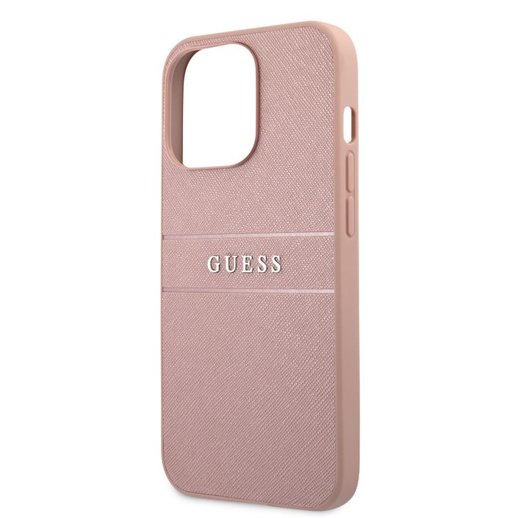 CG MOBILE Guess PU Leather Case Saffiano with Metal Logo Hot Stamp Stripes Compatible for iPhone 13 Pro Max (6.7") Anti-Scratch, Easy Access to All Ports, Shock Absorption & Drop Protective Back Cover Suitable with Wireless Charging Officially Licensed