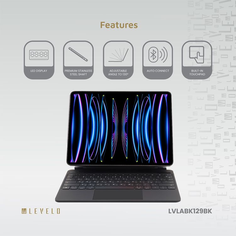 Levelo AeroBoard Saffanio Leather Wireless Keyboard for iPad Pro 11" & iPad Air 11" M3 (2025) with Multi-Gesture Trackpad, 300 Hours Standby Time, Up to 130° Adjustable Angle - Black