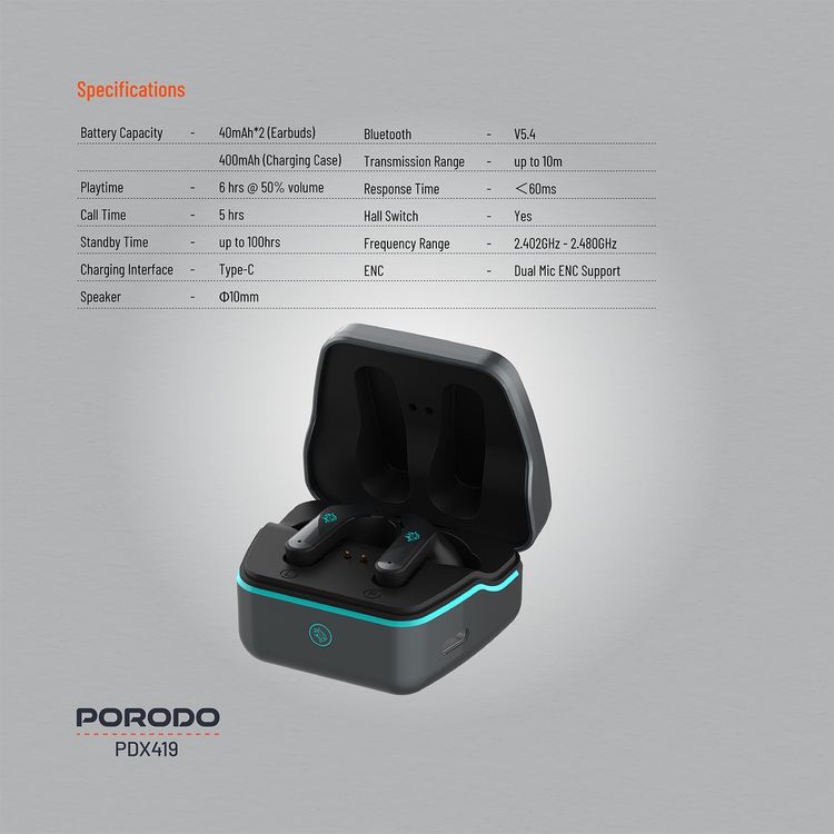 سماعات الأذن للألعاب من بورودو، بزمن استجابة منخفض للغاية، سعة بطارية 400 مللي أمبير في الساعة، وقت تشغيل 6 ساعات، بلوتوث 5.4، وقت استجابة أقل من 60 مللي ثانية، دعم ميكروفون مزدوج مع خاصية ENC، واجهة شحن من النوع-C - لون أسود