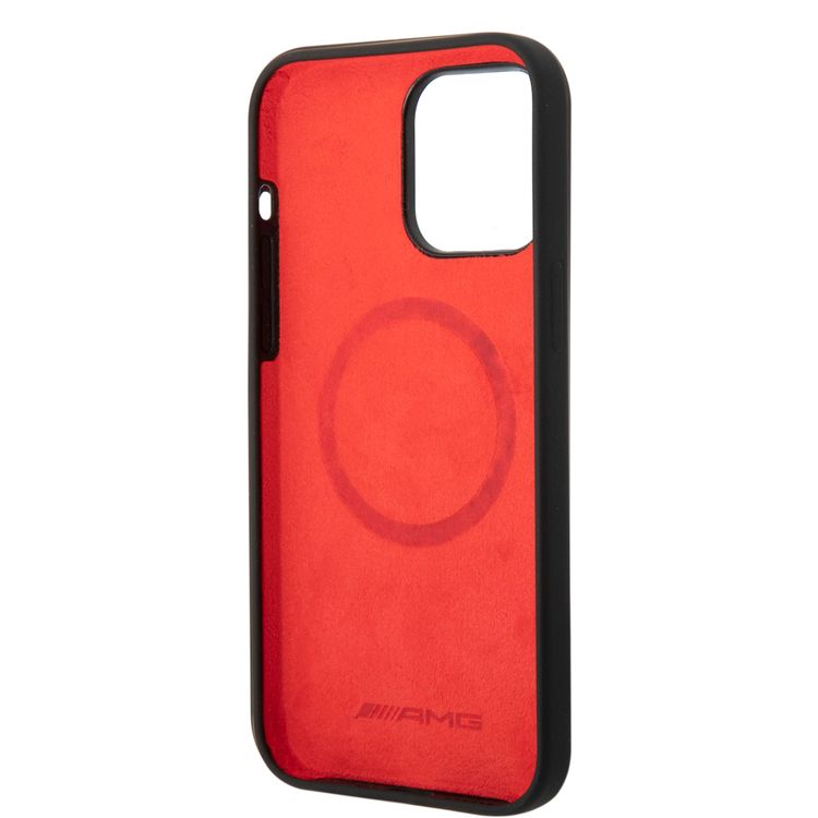 جراب AMG Magsafe متوافق مع طبقة مزدوجة ونمط علم مربعات وغطاء صلب شفاف متوافق مع iPhone 14 Pro Max - أسود/أحمر