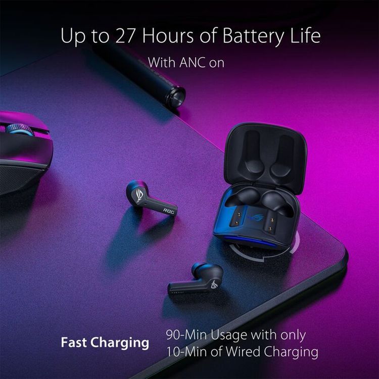 سماعات أذن ASUS ROG Cetra لاسلكية حقيقية للألعاب، إلغاء الضوضاء النشط، حجم السائق ١٠ مم، ٢٧ ساعة عمر البطارية، تحكم باللمس - أسود