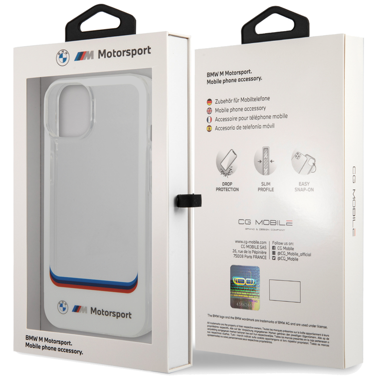 BMW Motorsport Collection PC/TPU IML Case Big Square Transparent Area and Printed Bottom Logo Compatible wit iPhone 14 - White
