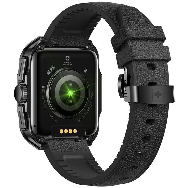 Swiss Military Alps 2, 1.85" HD Display, 4GB Built-in Memory, Workout Detection, Blood Pressure & Oxygen Level Monitoring, Make and Receive Calls - Gunmetal Frame and Black Leather Strap