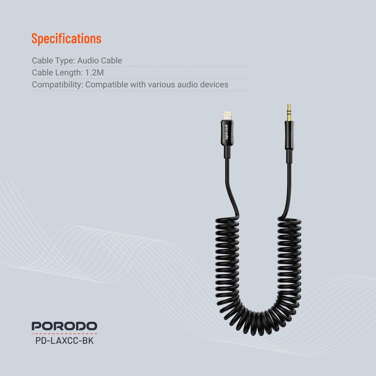 Porodo 3.5mm Lightning AUX Coiled Audio Cable Convenient Tangle-Free Design 1.2m/4ft, Lightning to AUX, Universal Compatibility, Auto Retractable - Black