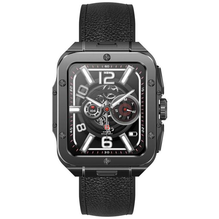 Swiss Military Alps 2, 1.85" HD Display, 4GB Built-in Memory, Workout Detection, Blood Pressure & Oxygen Level Monitoring, Make and Receive Calls - Gunmetal Frame and Black Leather Strap