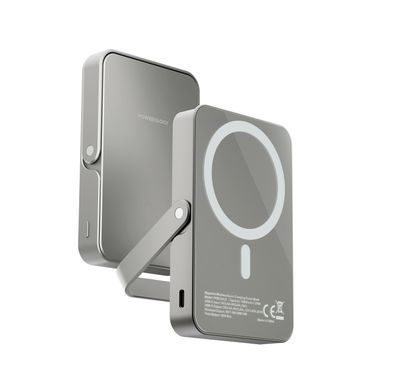 Powerology 10000mAh Magsafe Glass Surface Power Bank, Compact Design, Type-C & Wireless output, Integrated Stand, Aluminum Material, 20W Power Delivery, Cable-Free - Gray 