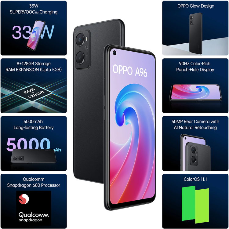 OPPO A96 Dual SIM Starry Black 8GB RAM 256GB 4G LTE - Middle East Version