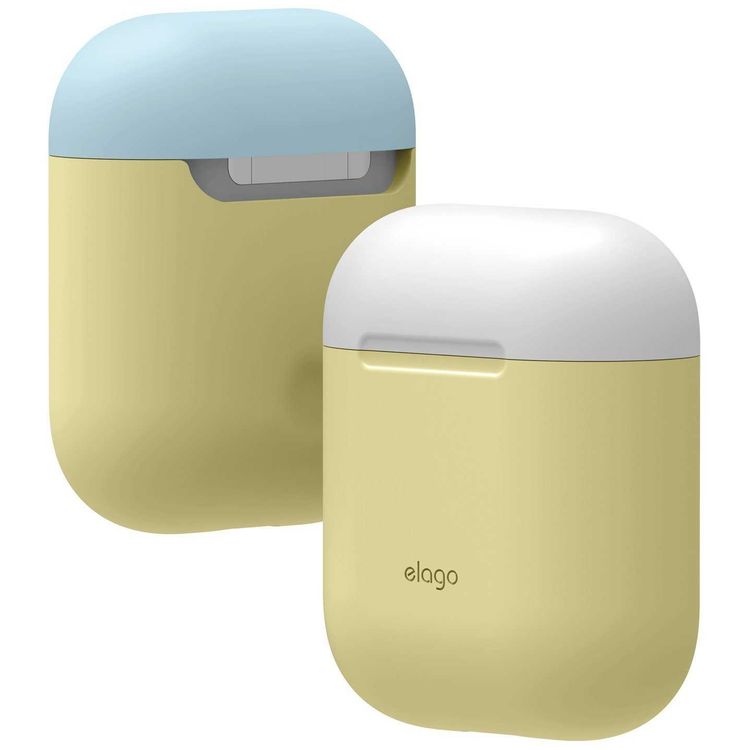 حافظة Elago Duo لأجهزة Airpods، لون باستيل 3 في 1، سيليكون عالي الجودة، مقاوم للصدمات، مقاوم للخدش، يدعم الشحن اللاسلكي - أصفر للجسم / أبيض علوي، باستيل