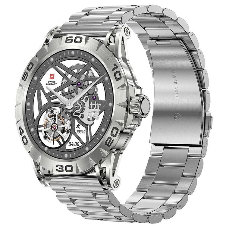 Swiss Military Dom2, up to 7 Days Battery Life, Receive & Make Calls, Heart Rate & Blood Pressure & Oxygen Level Monitoring, iOS & Android - Silver with Metal Strap