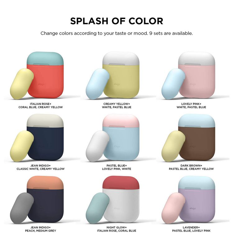 Elago Duo Silicone Case with Apple AirPods Case 1 & 2, Supports Wireless Chargers, Drop Resistant, Dustproof and Absorbing Protective Cover Body-Dark Brown / Top-Pastel Blue, Yellow