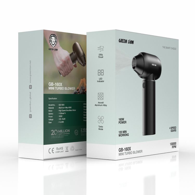 منفاخ توربو صغير من جرين ليون GB-160X، 4 مستويات تروس، محرك بدون فرشاة عالي السرعة، قوة 160 وات، وضع توربو، مؤشر LED، 130000 دورة في الدقيقة