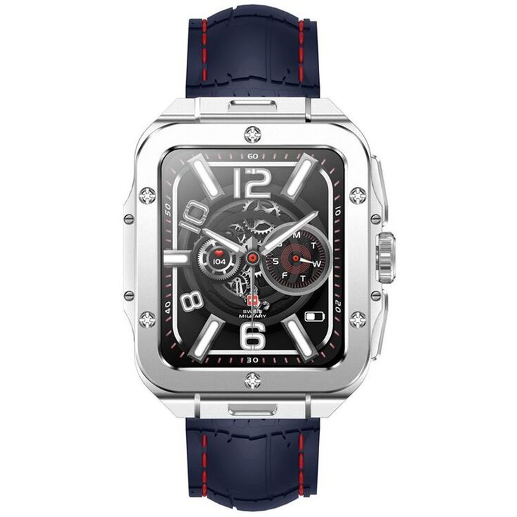 Swiss Military Alps 2, 1.85" HD Display, 4GB Built-in Memory, Workout Detection, Blood Pressure & Oxygen Level Monitoring, Make and Receive Calls - Silver Frame and Blue Silicon Strap