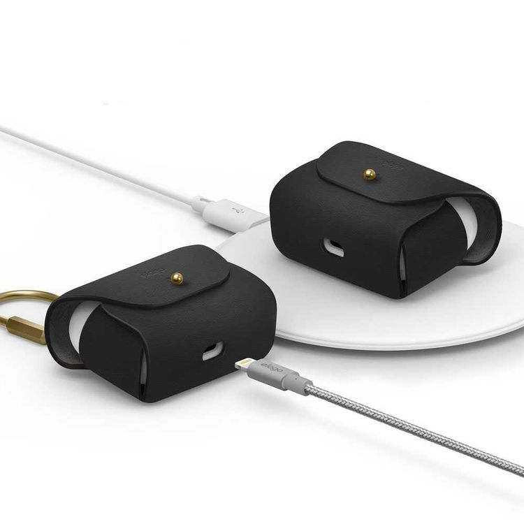 Elago Genuine Leather Case Compatible with Apple Airpods Pro, Vintage Design, Supports Wireless Charging, Brass Ring Holder, Anti-Slip Case, Shock Proof, Bring as Keychain - Black