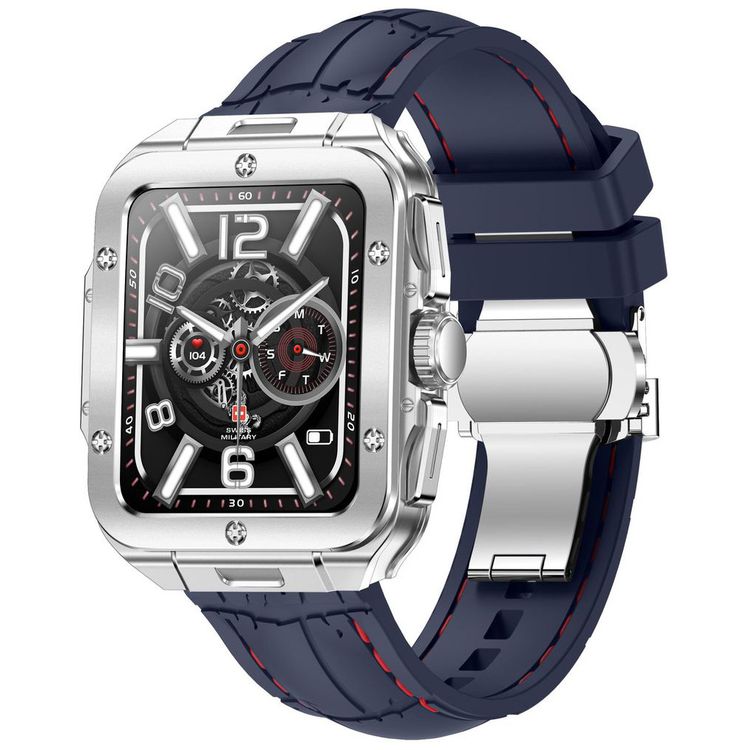 Swiss Military Alps 2, 1.85" HD Display, 4GB Built-in Memory, Workout Detection, Blood Pressure & Oxygen Level Monitoring, Make and Receive Calls - Silver Frame and Blue Silicon Strap