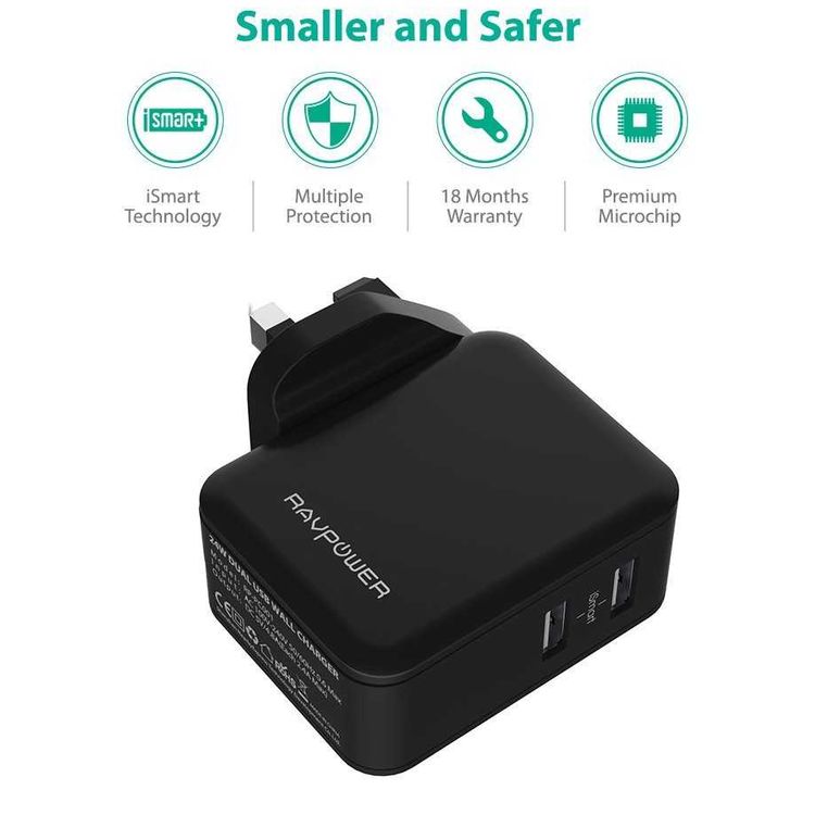 RAVPower 24W 4.8A Dual USB Wall Charger UK with iSmart Technology & LED Indicator - Portable Power Adapter w/ High-temperature & Over-charging Protection - Compact Design - Black