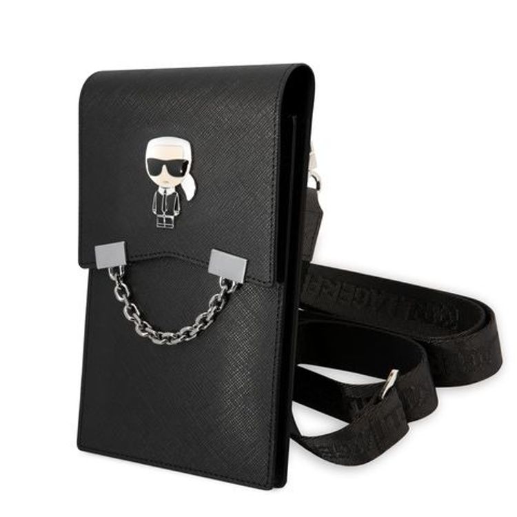 Karl Lagerfeld Wallet with Chain and Karl Ikonik Metal Logo, Bag for Phone, Document, Money or Key and etc. - Black
