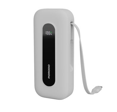 Porodo 10000mAh Power Bank with Type-C Port & Integrated Type-C Cable, Digital Display, PD 30W, Lightweight & Portable - White