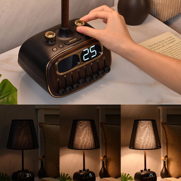 مصباح مكتبي ريترو من بورودو مع ضوضاء بيضاء ومكبر صوت بتقنية البلوتوث ووظيفة التنبيه والغفوة و3 مستويات سطوع (منخفضة ومتوسطة وعالية) وشحن لاسلكي مزدوج وشاشة رقمية عالية الدقة - أسود 