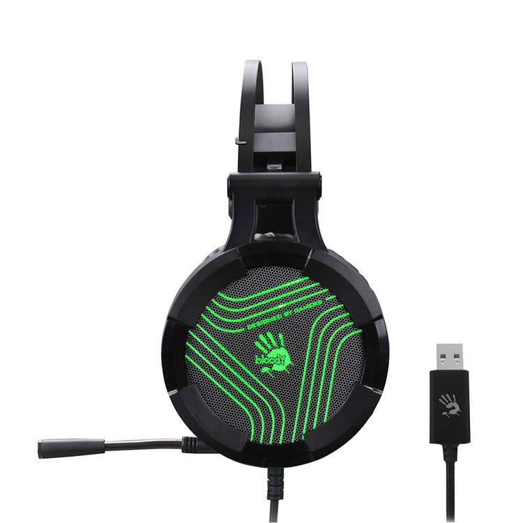 Bloody G530S Gaming Headset with Dazzling Single Green Lighting & Omni-Directional Noise-Canceling Mic., Soft Leather Auto-Adjusting Headband - Black