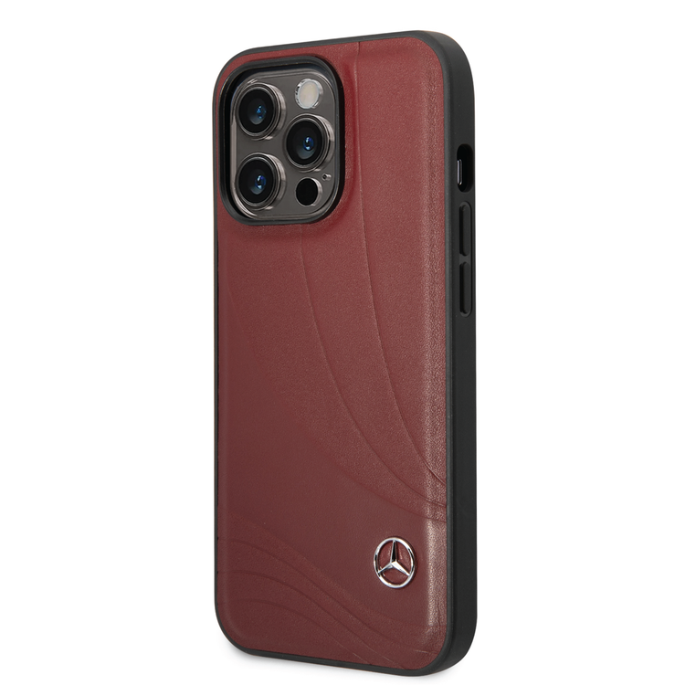 CG MOBILE Mercedes-Benz Genuine Leather Case With New WaveIII Pattern, Compatible w/ 14 Pro Max (6.7") Scratch & Drop Protection, Wireless Charger Compatibility - Red