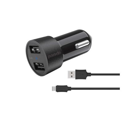 شاحن سيارة بورودو ثنائي USB 3.4 أمبير مع كابل Micro USB 4 قدم - أسود