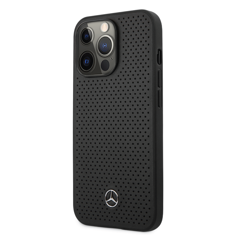 Mercedes-Benz Genuine Leather Hard Case with Perforated Metal Star Logo iPhone 14 Pro Compatibility - Black