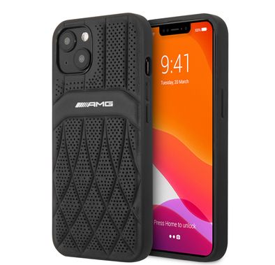 CG MOBILE AMG Genuine Leather Case With Perforated Black Leather Curved Lines Hot Stamped With Logo Compatible with iPhone 13 Pro Max (6.7") Easy Access to All Ports, Shock-Absorption, Anti-Scratch, & Drop Protection Back Cover Suitable with Wireless Charging Officially Licensed