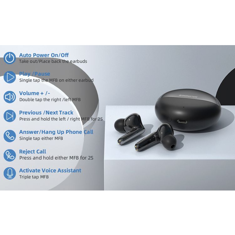 Monster N-Lite 203 AirLinks Wireless Earbuds, Bluetooth Version 5.3, 10m Transmission Distance, Type-C Charging Port, 2 Hours Charging Time - Black