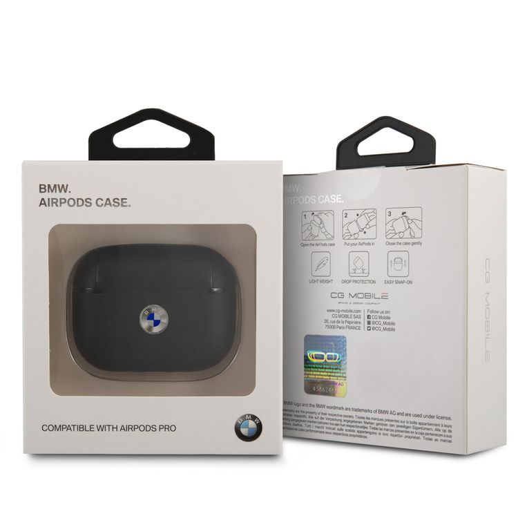 بي أم دبليو جراب من الجلد الأصلي للكمبيوتر الشخصي مع شعار معدني فضي لسماعات ايربودز برو ، مضاد للصدمات - أسود